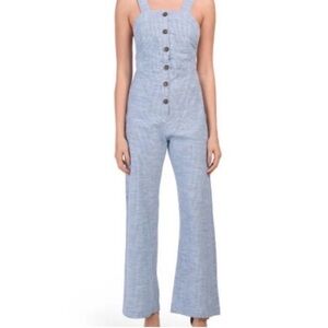 Japna Wide Leg Open Back Sleeveless Cotton Blue White Striped Jumpsuit, Size M